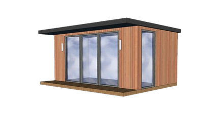 A 3d model of a wooden building with sliding glass doors.