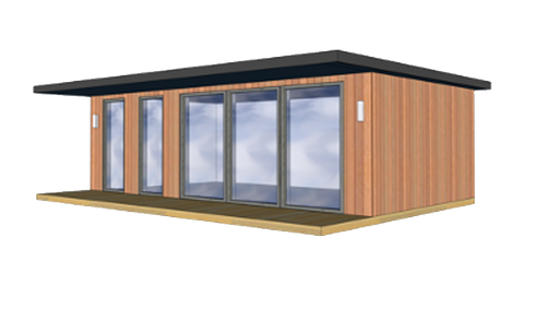 A 3d rendering of a wooden building with lots of windows and doors.