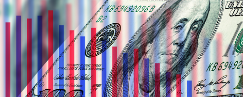 One Hundred Dollar Bill with a red and blue chart graph over the money