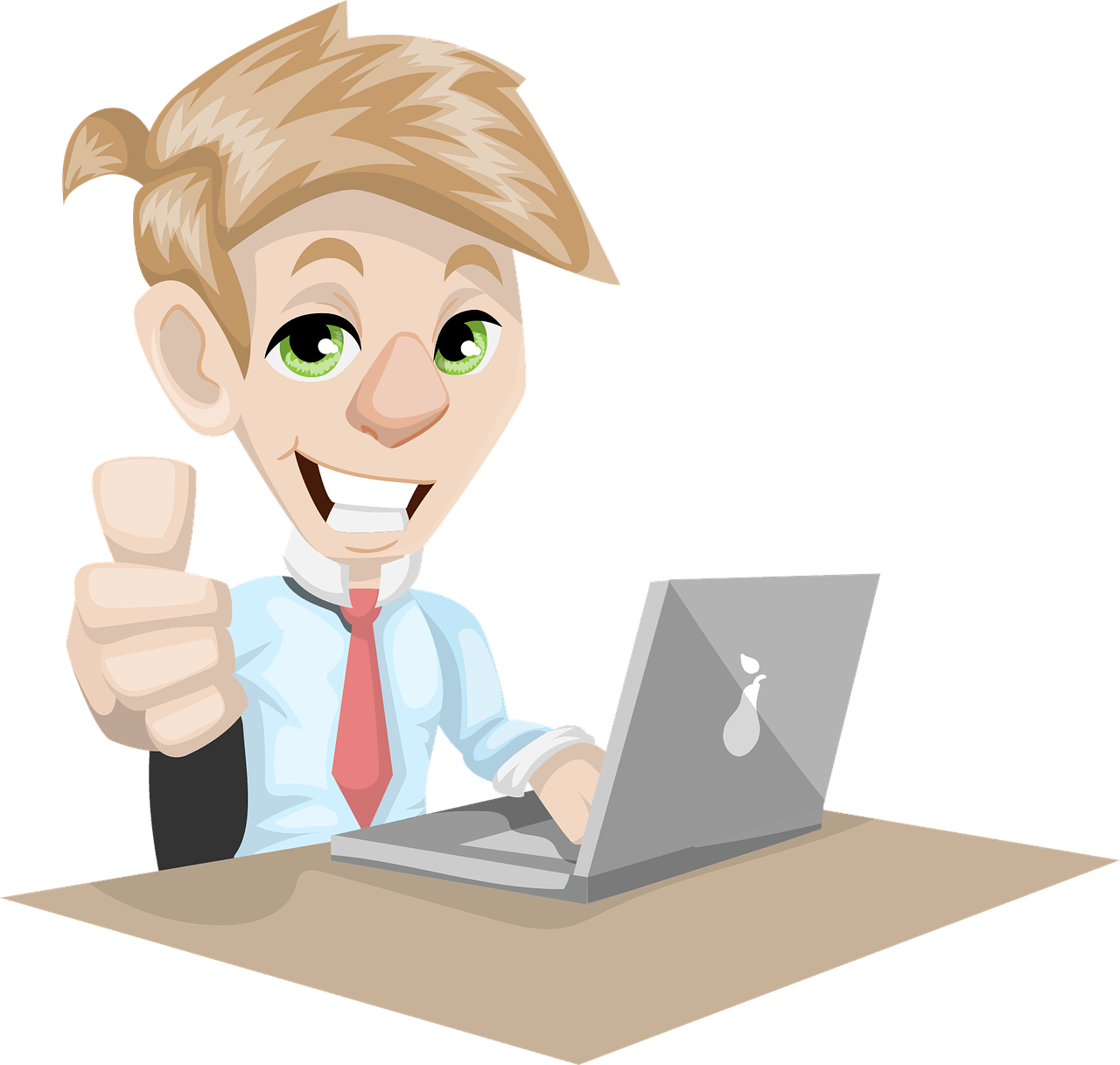 A happy cartoon business man smiling with a thumbs up on one hand and the other on his laptop keyboard