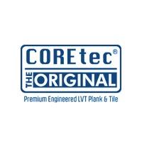Coretec logo with blue rectangle, white text: COREtec, The Original, Premium Engineered LVT Plank & Tile.