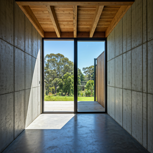 A room with a large window and a wooden ceiling
