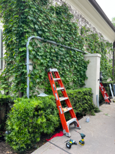 Exterior view: Ivy-covered wall with conduit and an orange ladder, tools on the ground.