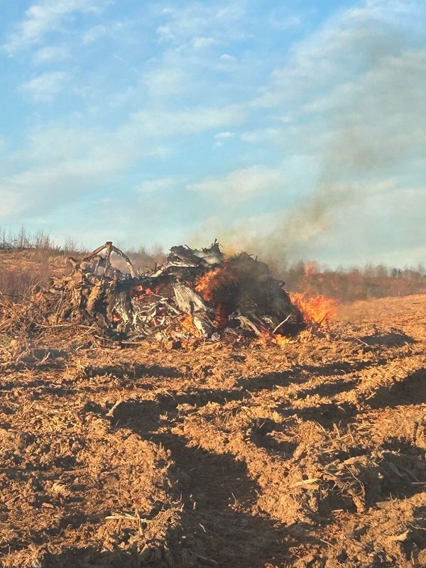 Fire burning on a pile of debris in a field; flames and smoke rise against a blue sky.