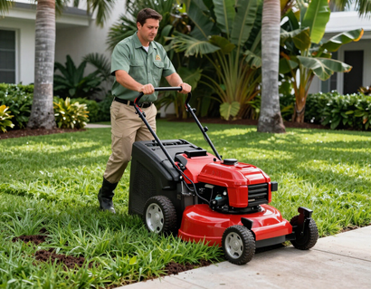 Professional lawn care crew member mowing a residential lawn in Miami