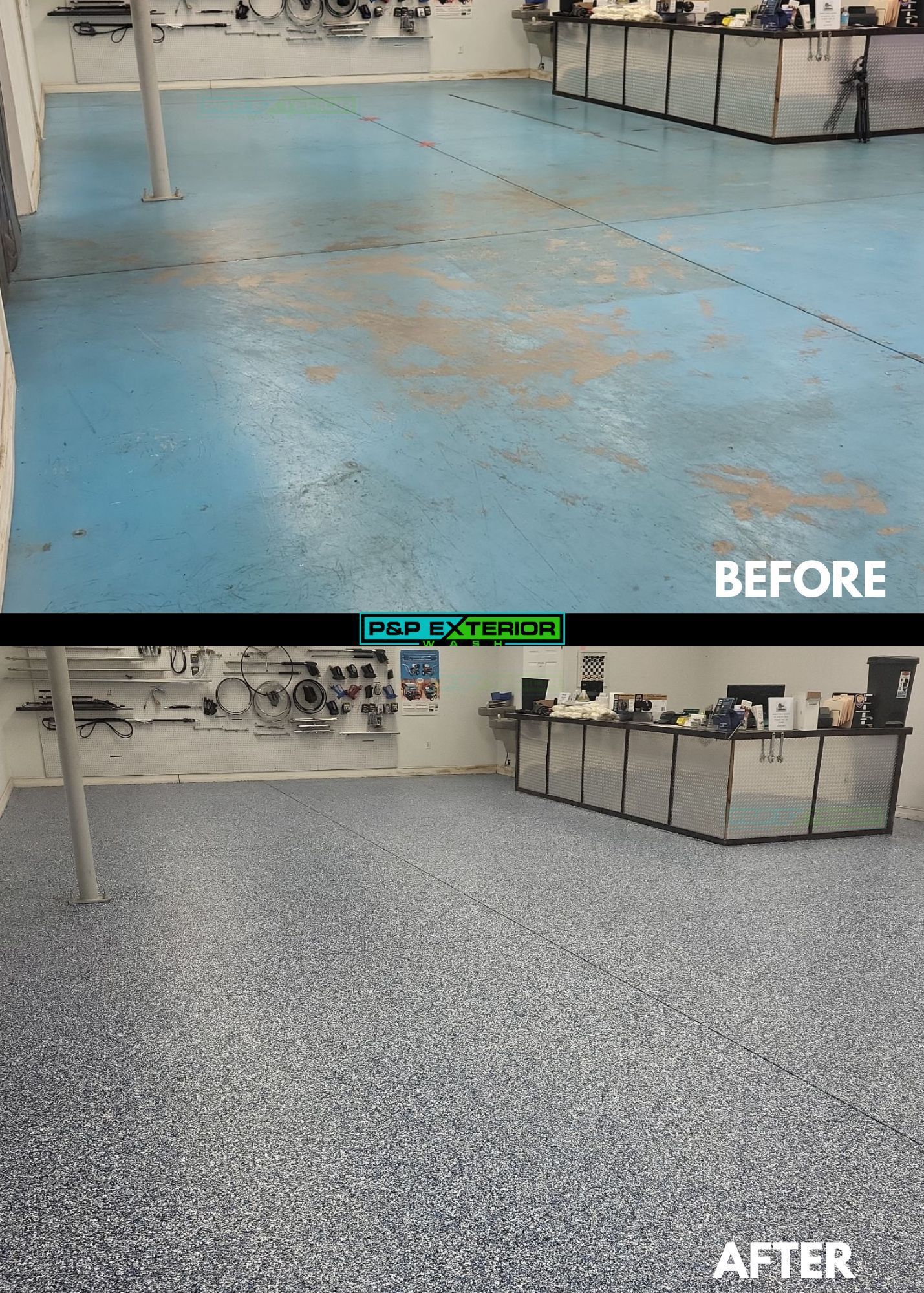 A before and after photo of a garage floor.