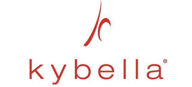 A red and white logo for kybella on a white background.