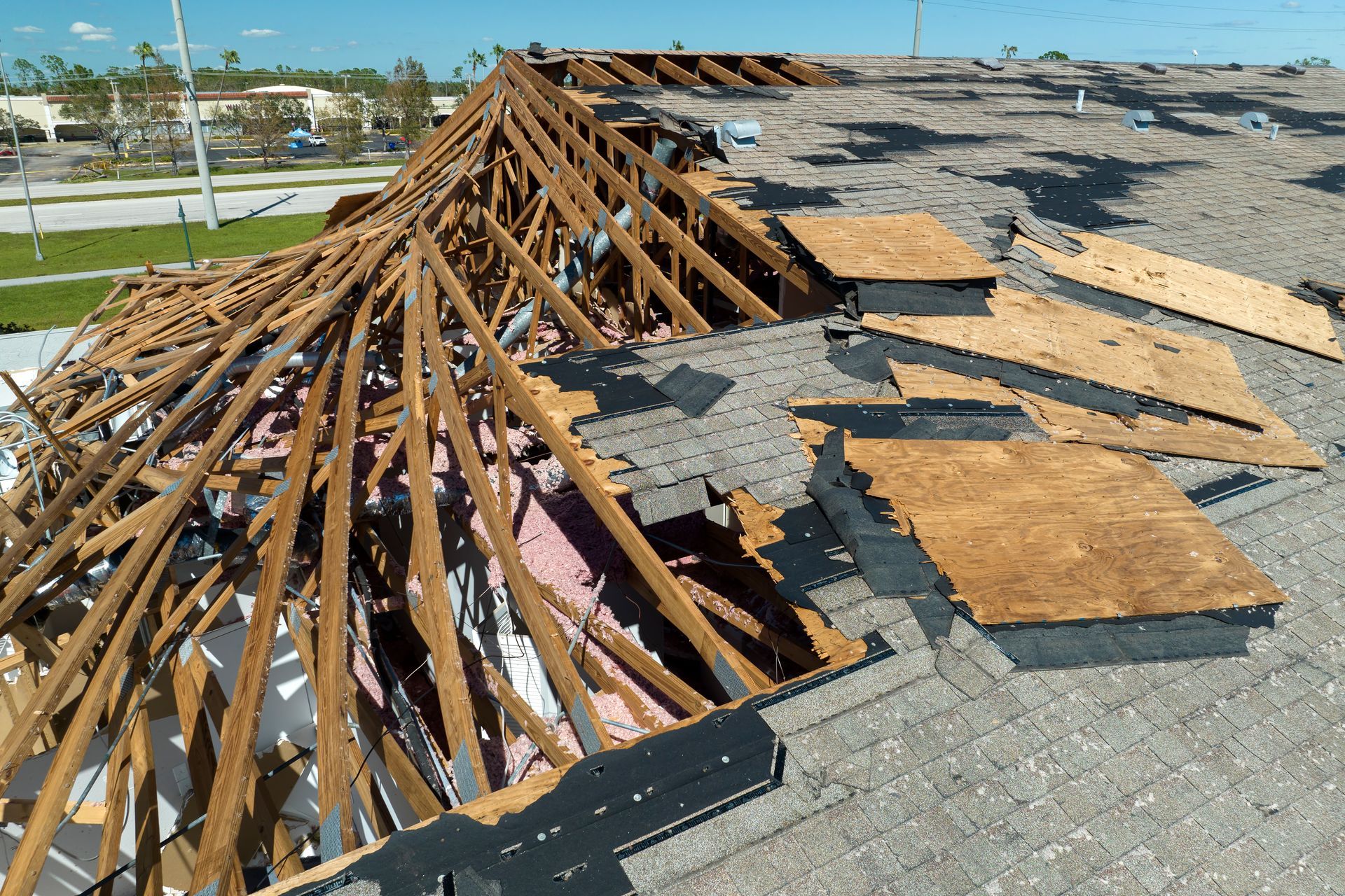 Damaged roof after a storm, showing exposed wooden beams, insulation, and missing shingles.