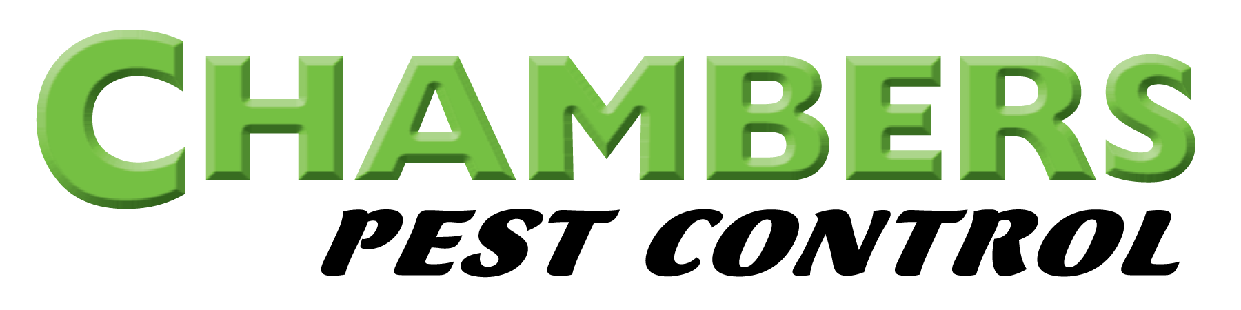 The logo for chambers pest control is green and blue