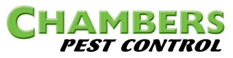 The logo for chambers pest control is green and blue