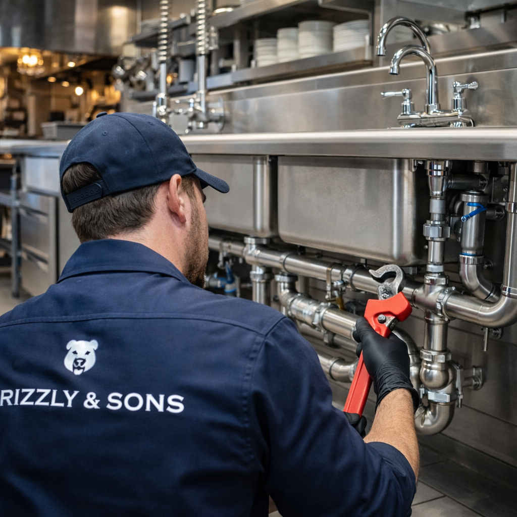 Plumber in blue uniform with Grizzly & Sons logo, working on pipes in a commercial kitchen with a red wrench.