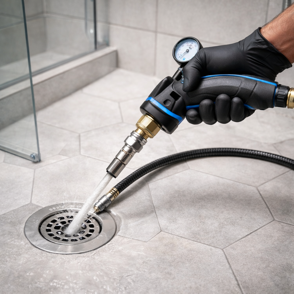 Person using a drain cleaning tool in a bathroom, aiming at a floor drain, with gauge.