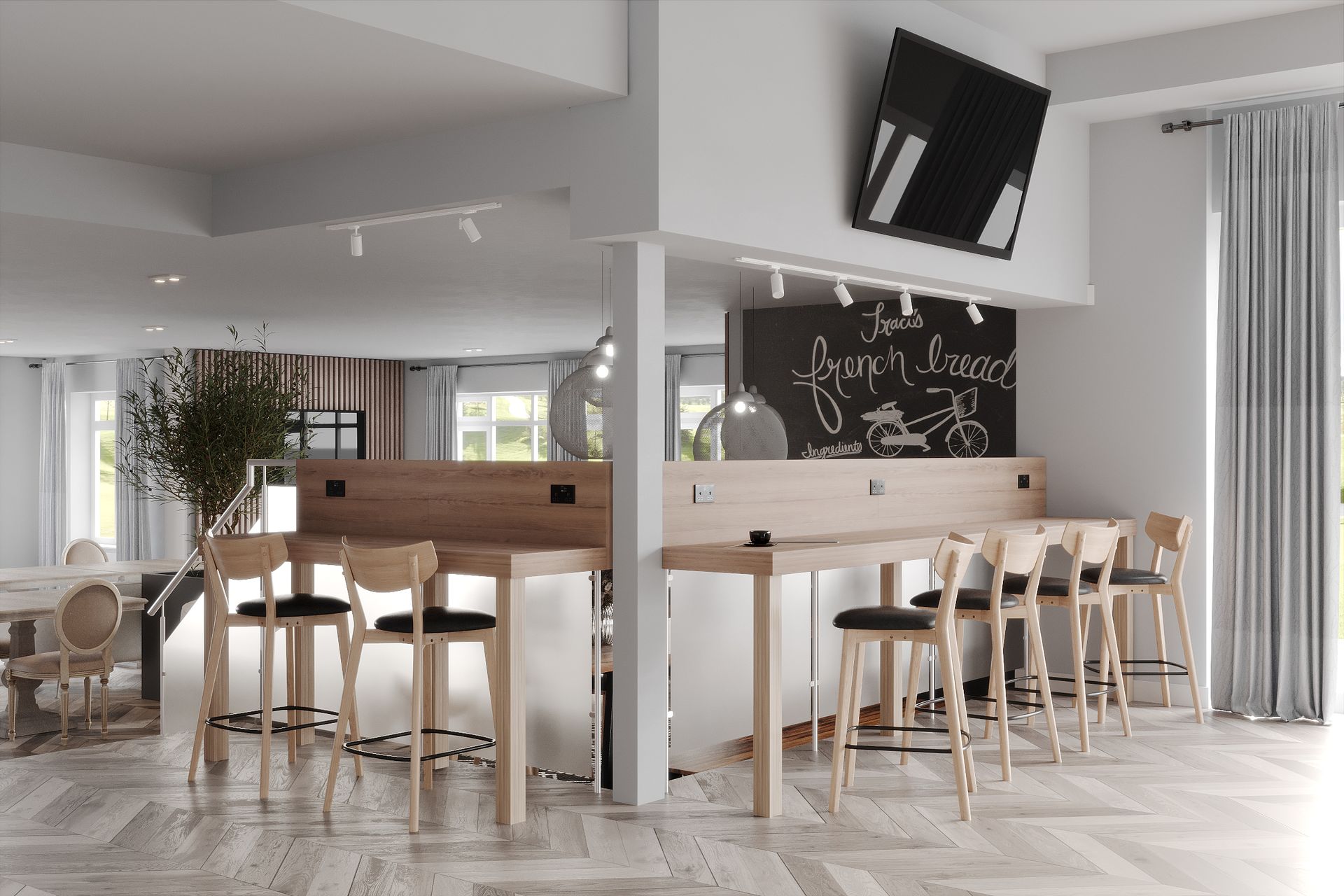Golf clubhouse mezzanine bar with high tables, bar stools, power sockets and blackboard wall in soft grey and wood interior.