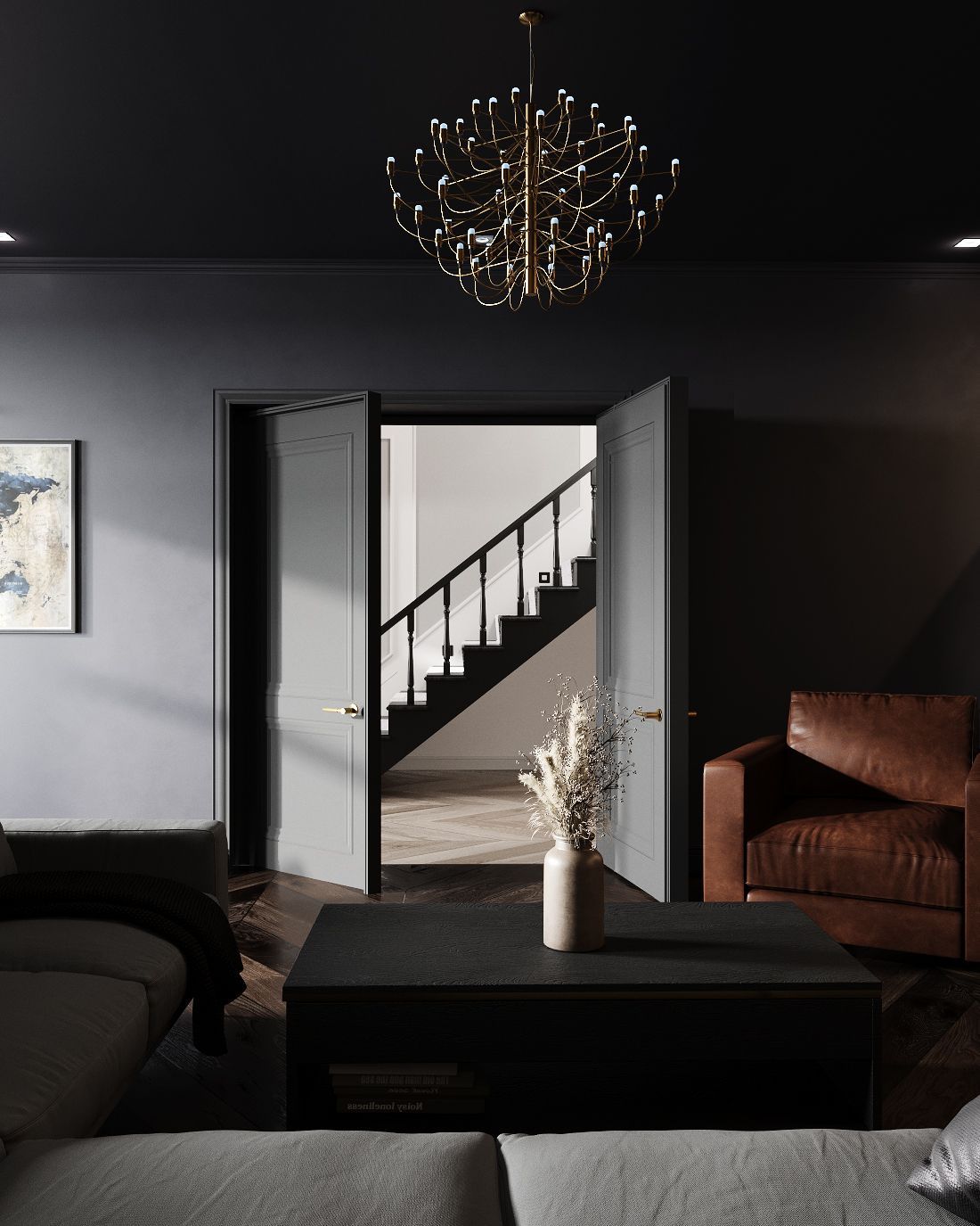 View from dark formal lounge towards hallway and staircase, with chandelier, leather armchair and coffee table in foreground