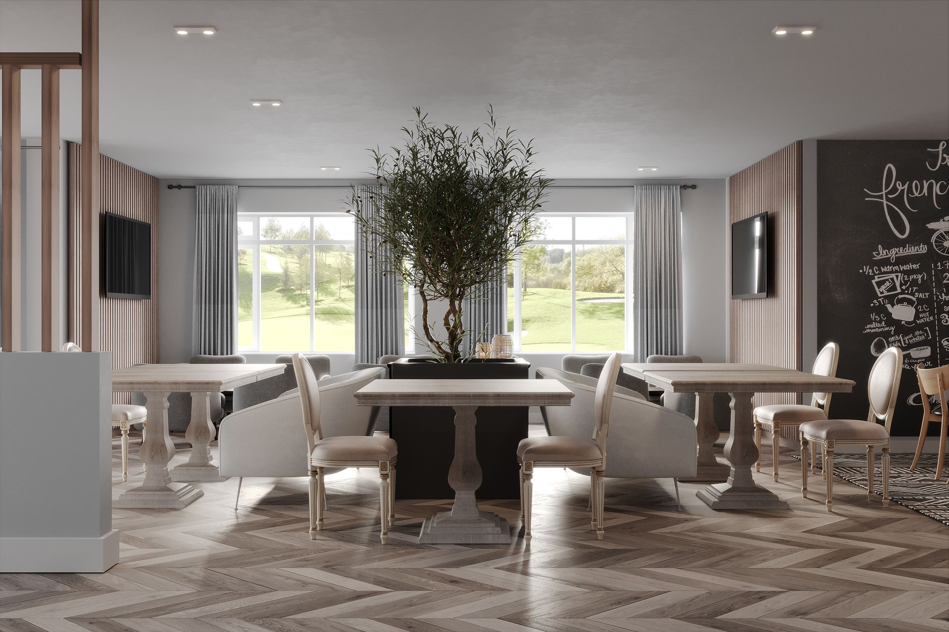 Light‑filled golf clubhouse with central tree planter, chevron flooring, neutral dining tables and views over the course.