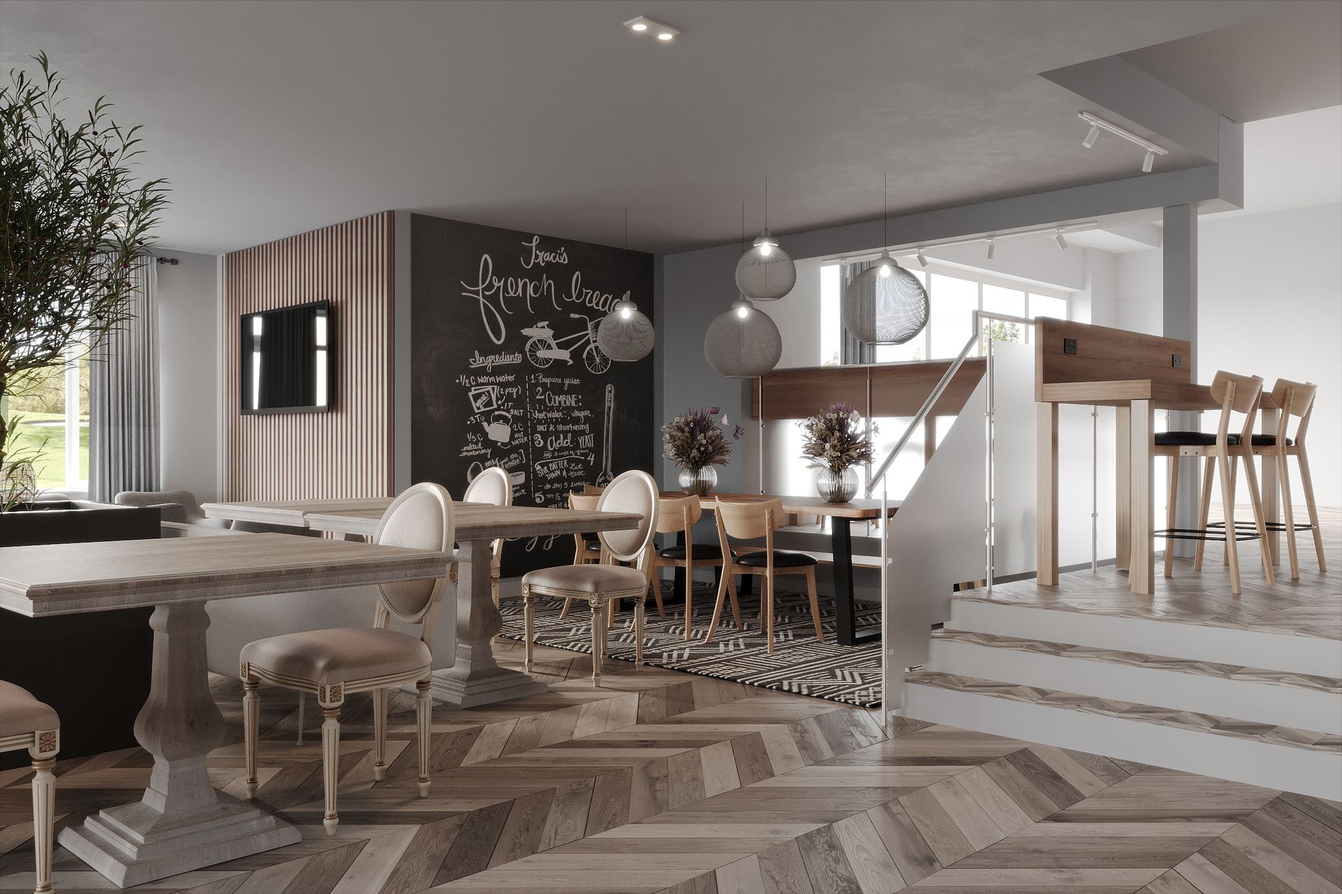 Clubhouse dining area with French‑style tables, chalkboard feature wall, pendant lights and raised bar‑height seating zone.