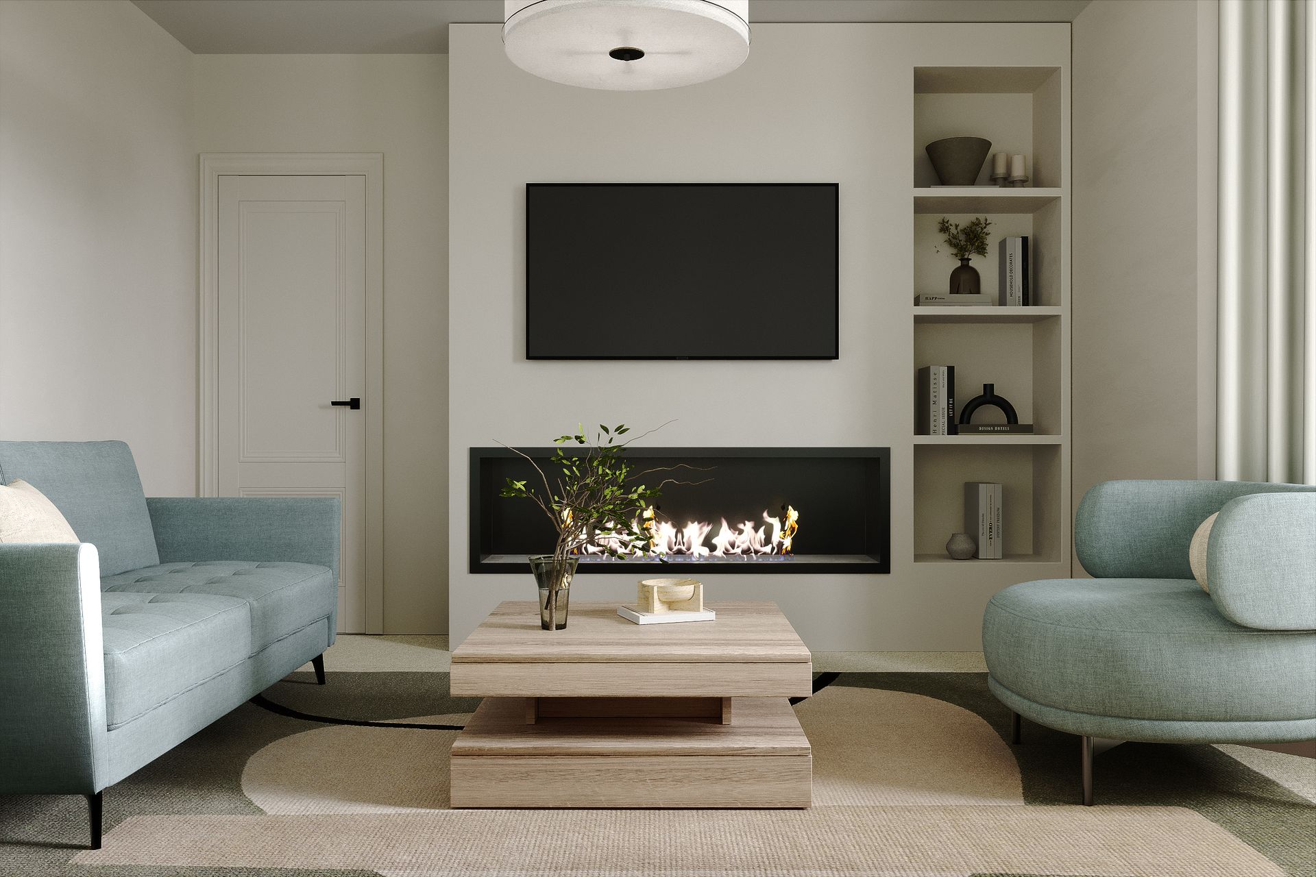 Sage green living room with electric fireplace