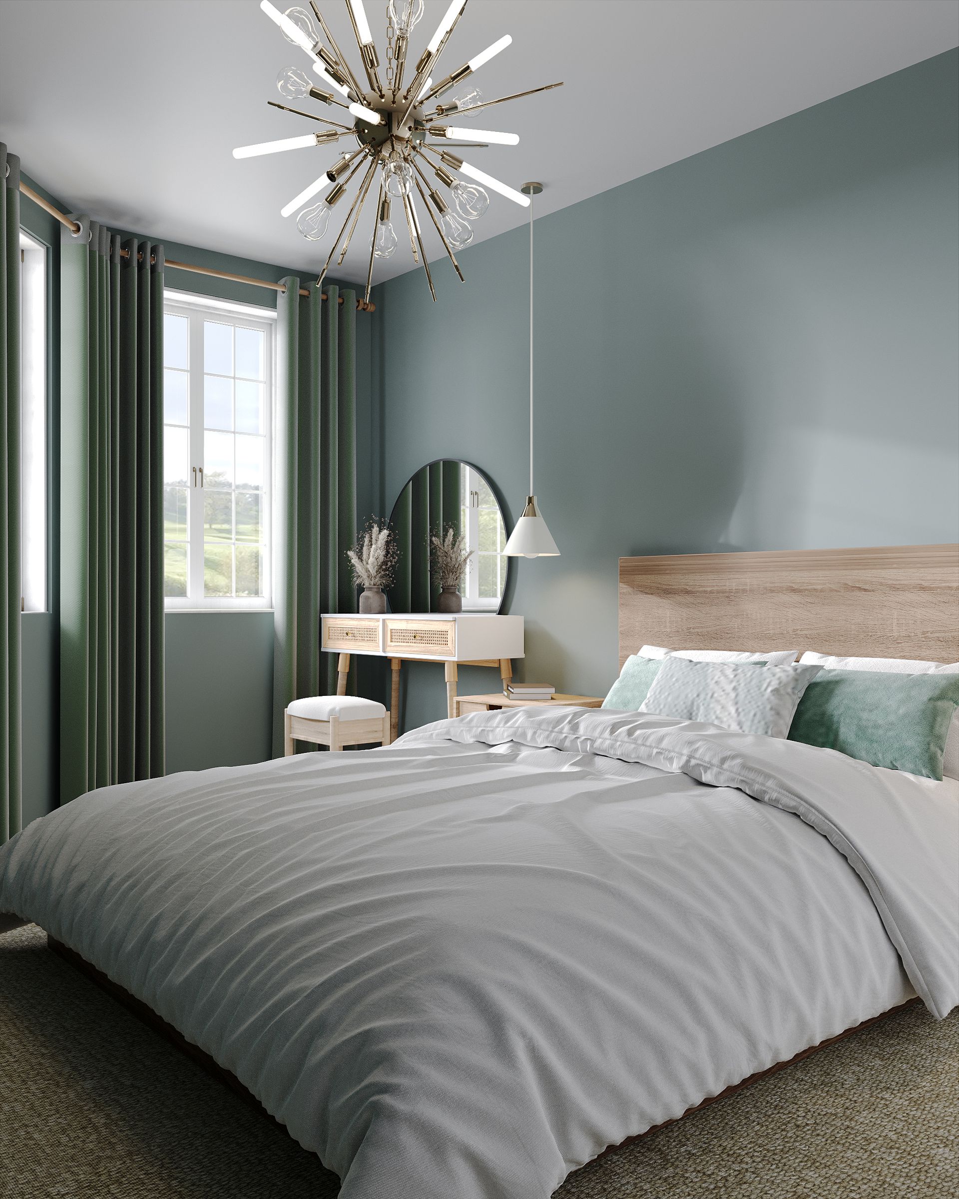 Master bedroom with green walls, wood bed, layered white bedding and dressing table in calm, nature‑inspired scheme.