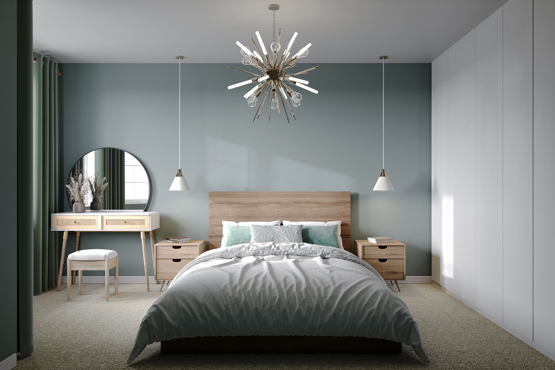 Master bedroom with wood bed, full‑height white wardrobes, bedside pendants and dressing table in soft green palette.