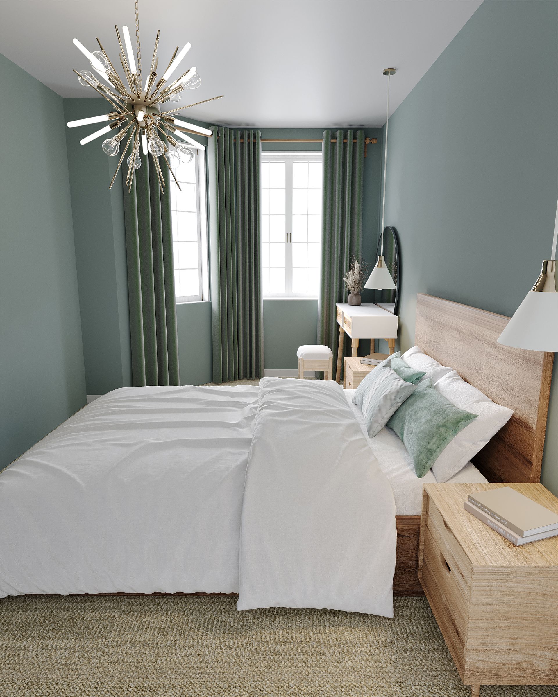 Corner view of master bedroom with green curtains, wood bed, white bedding and compact dressing table