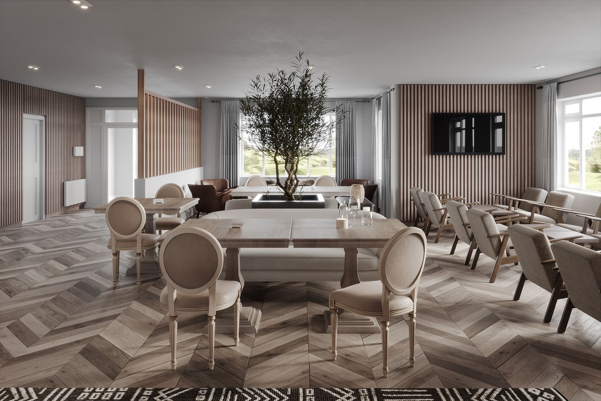 Light golf clubhouse dining room with chevron flooring, central tree planter, slatted timber walls and views to the course.