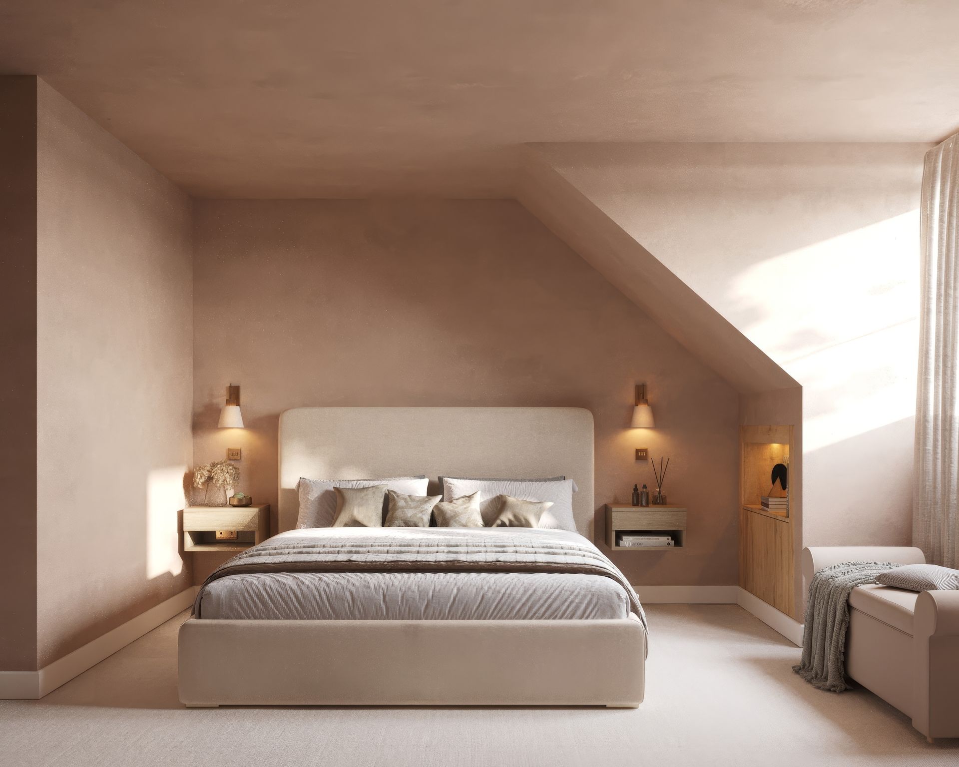 Loft bedroom suite with earthy limewash walls, floating oak nightstands, and warm ambient lighting in Watford loft conversion