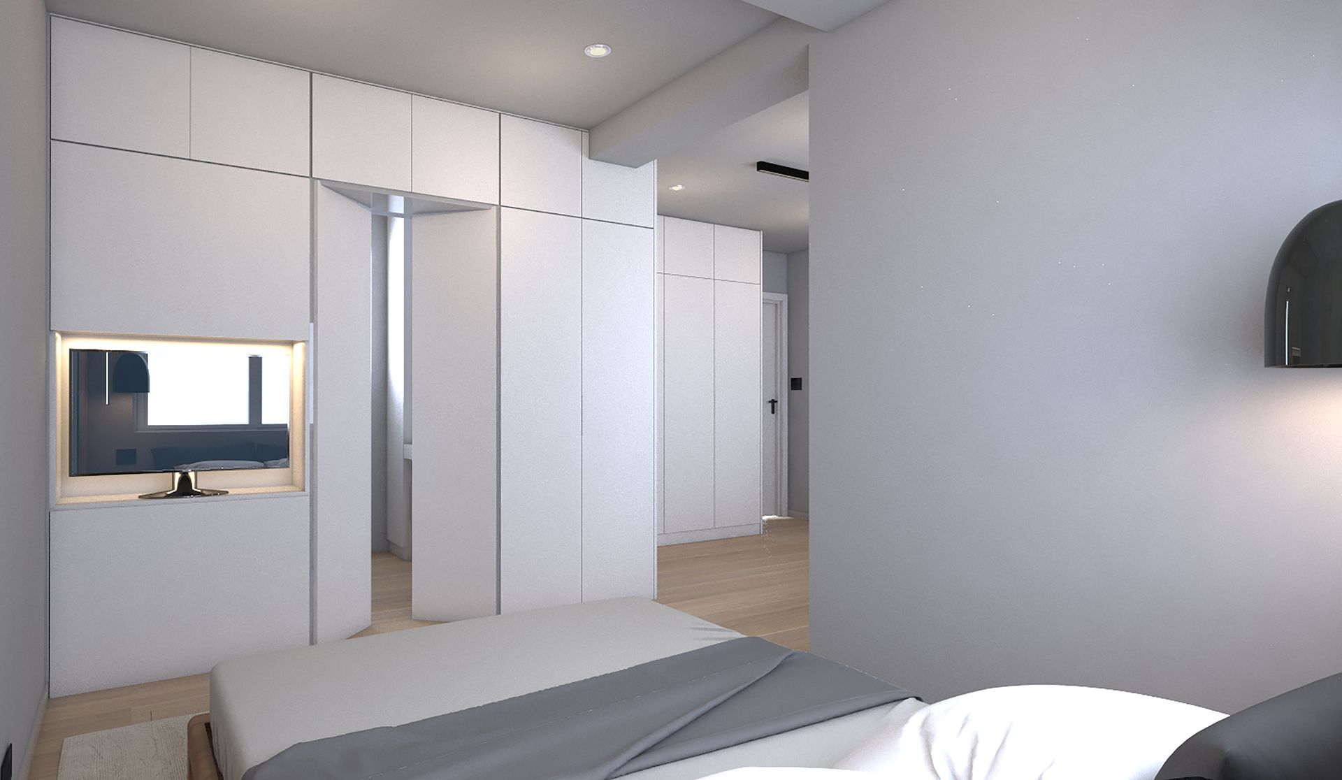 Japandi boy’s bedroom with wrap‑around white wardrobes, integrated TV niche and pale wood flooring in calm neutral palette.