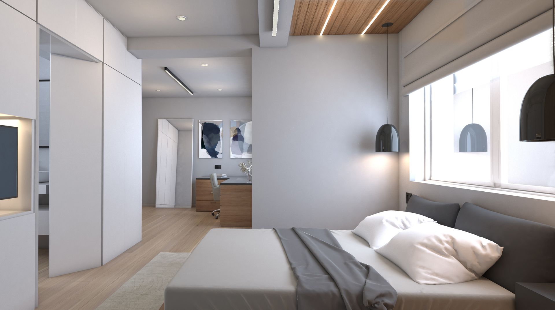Japandi bedroom with low bed, grey bedding, black pendant lights and full‑height white wardrobes leading to study area.