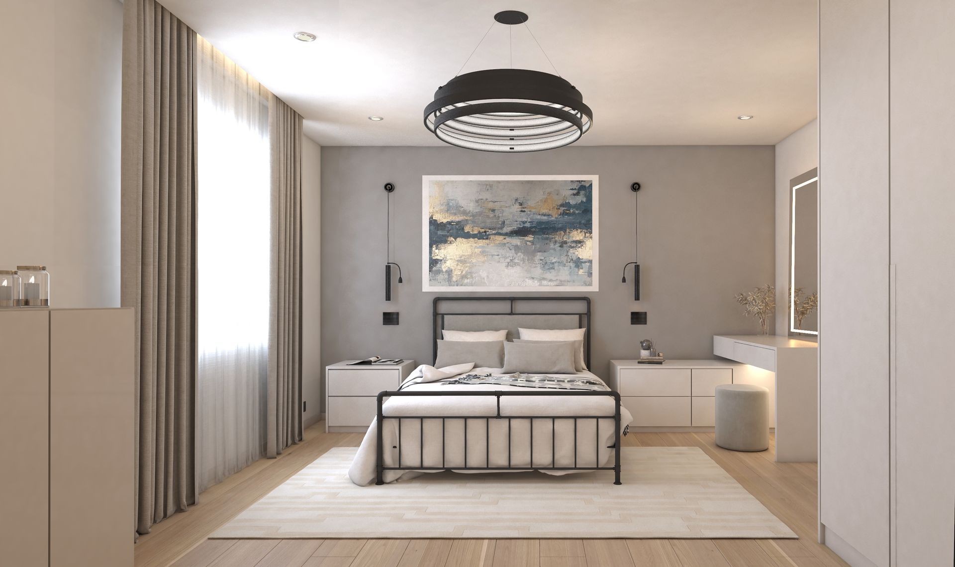 Master bedroom with metal frame bed, pendant lights, abstract artwork and minimalist dressing table in neutral tones.