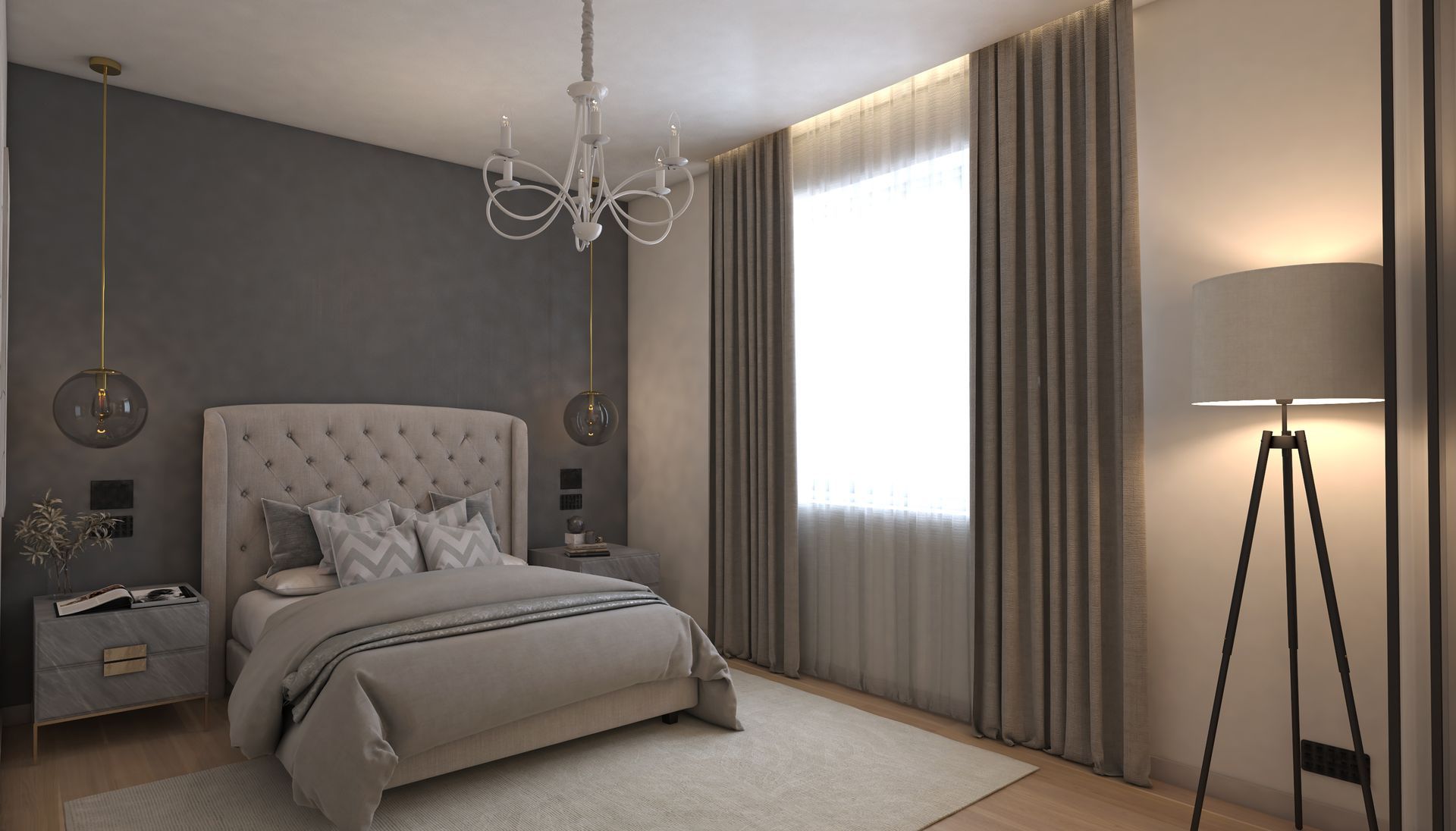 Feminine bedroom with upholstered bed, dark feature wall, smoked glass pendants in soft neutral palette.