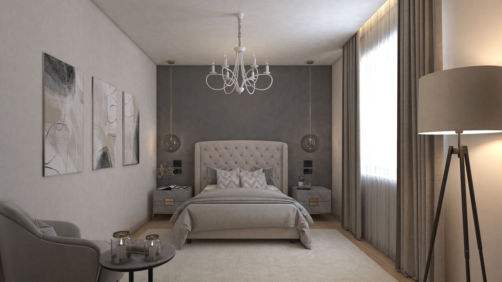 Feminine bedroom with upholstered bed, dark feature wall, and smoked glass pendants in soft greige and taupe palette.