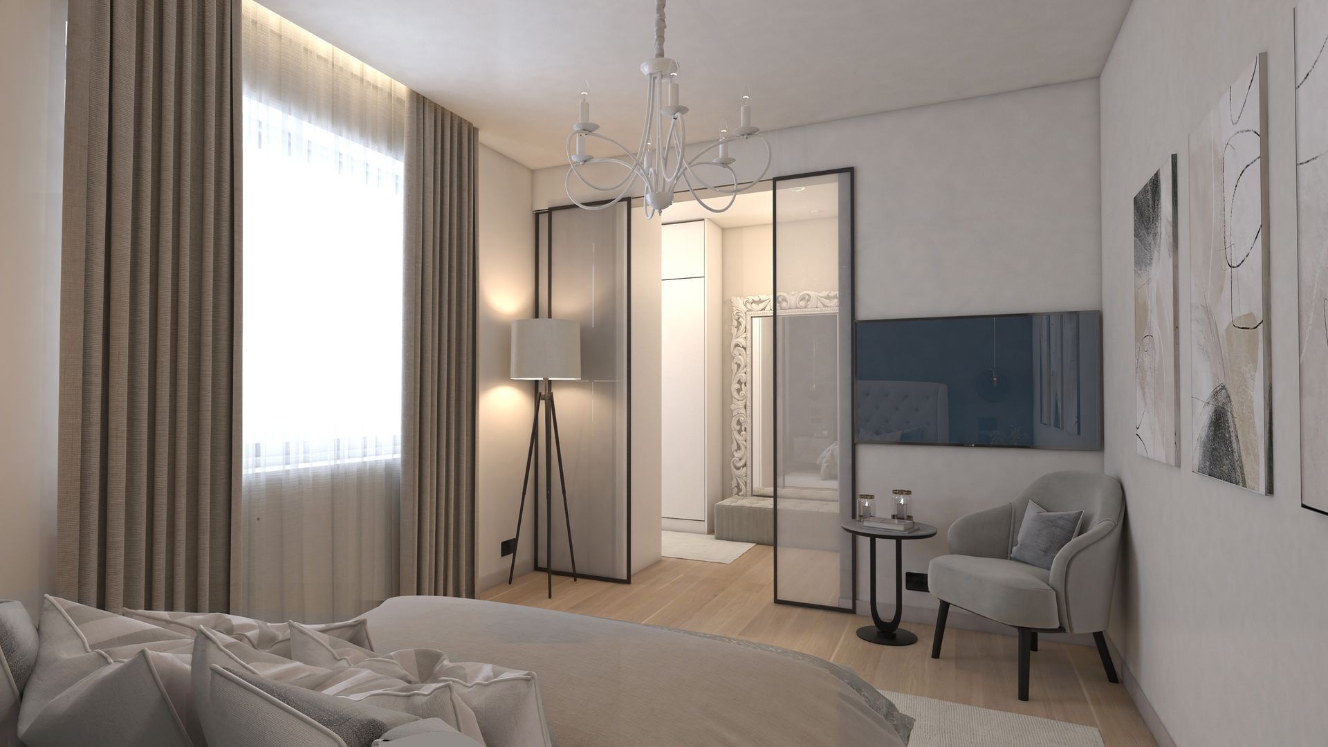 Bedroom view towards smoked glass walk‑through wardrobe doors, reading chair and layered curtains in soft greige tones.