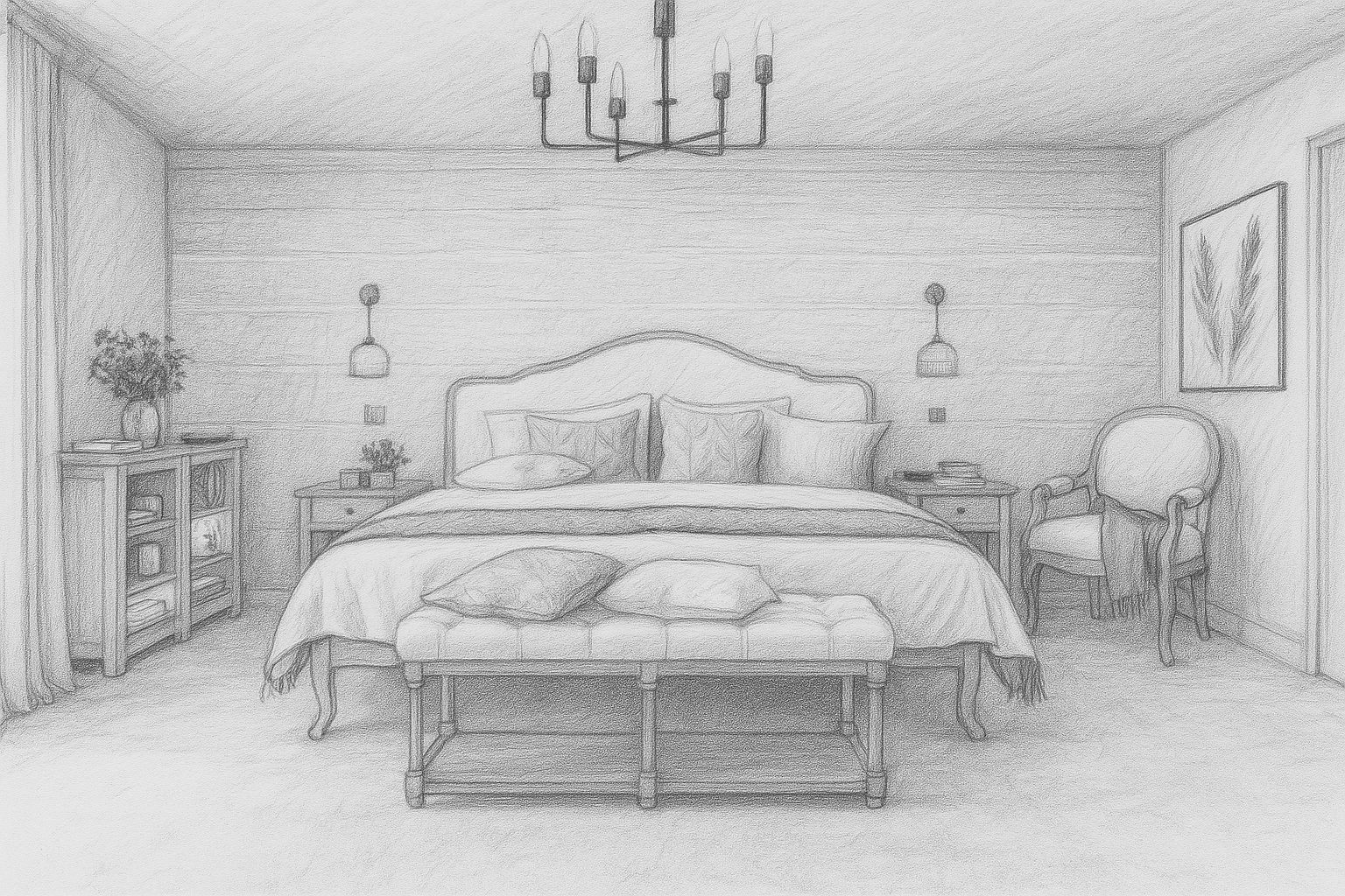 Serene master bedroom with textured wallpaper, upholstered headboard, brass pendant lights, and oak furniture - Hertfordshire