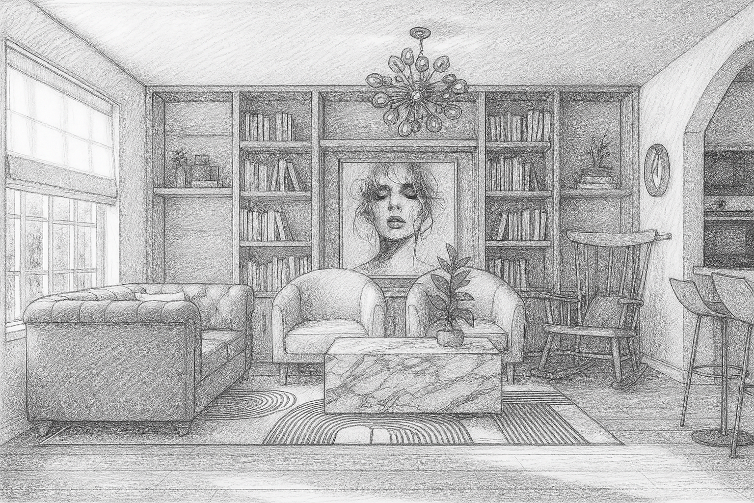 Reception room with LED-lit shelving, statement chandelier, marble coffee table, and tan leather sofa - Welwyn Garden City