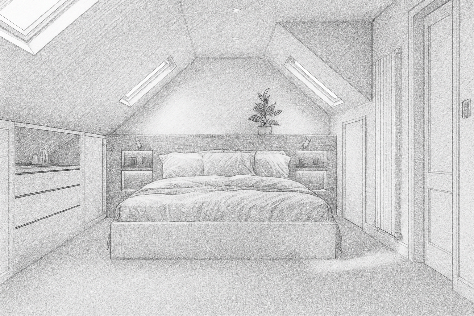 Contemporary loft bedroom with vaulted ceiling, LED-lit headboard, and built-in storage - St Albans townhouse by Elisa Design