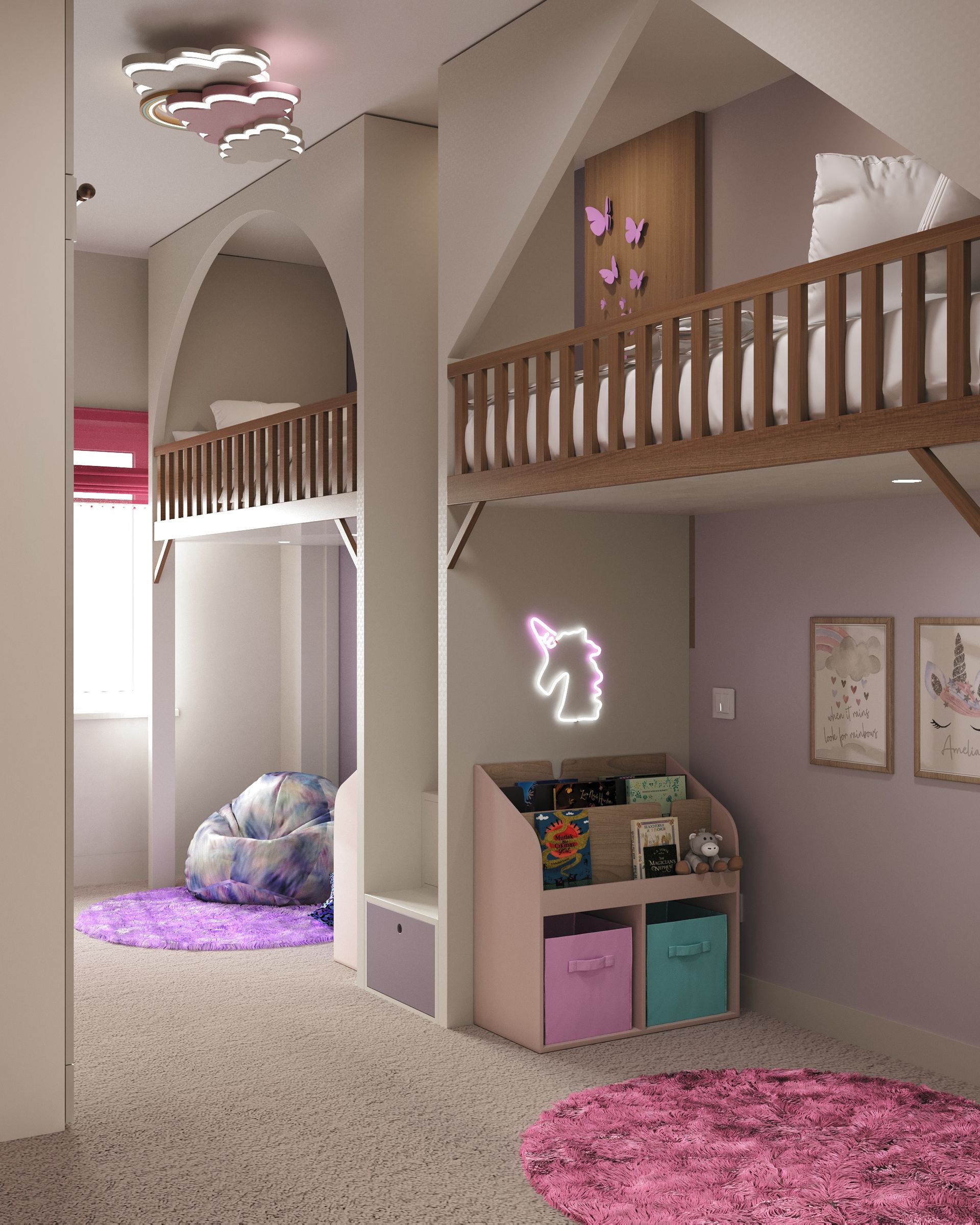 Twin loft beds with central storage staircase, and cosy beanbag reading zones in shared girls’ bedroom.