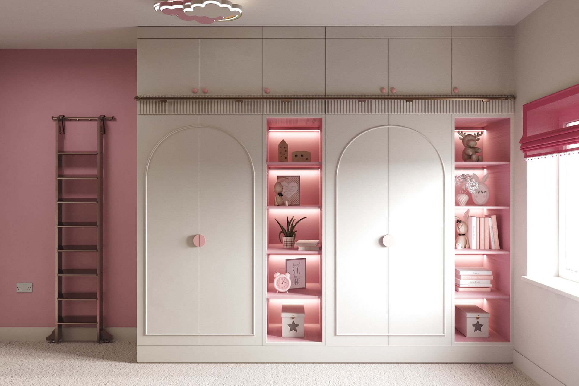 Built‑in girls’ wardrobe wall with arched doors, pink backlit display shelves and climbing ladder against blush feature wall.