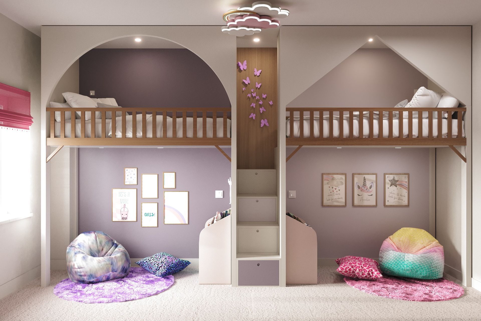 Girls’ bedroom with twin loft beds, unicorn bookcase, reading nook and soft pink and purple accents in playful shared space.