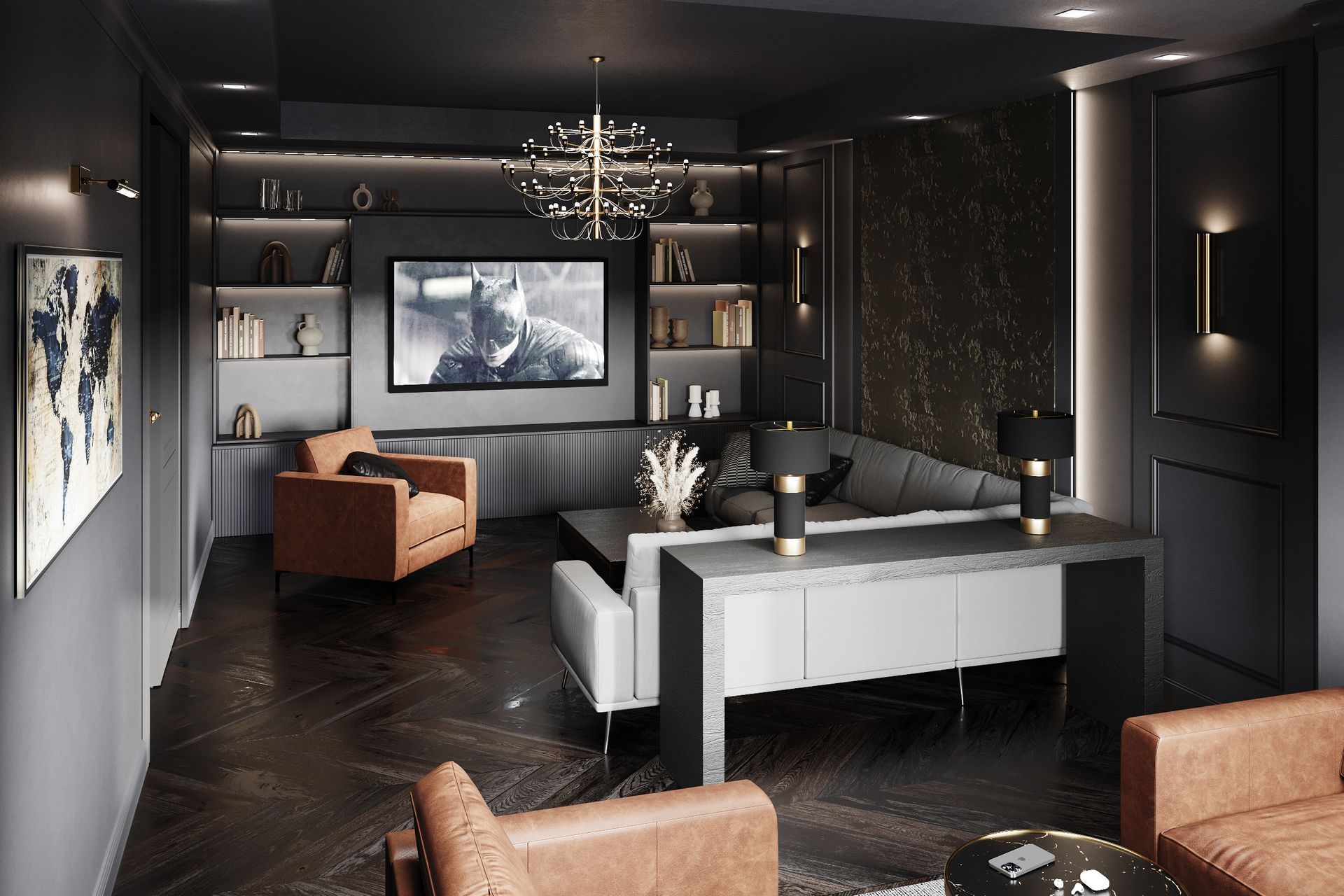 Cinema‑style lounge with built‑in TV wall, illuminated shelving, corner sofa and tan armchair under sculptural chandelier