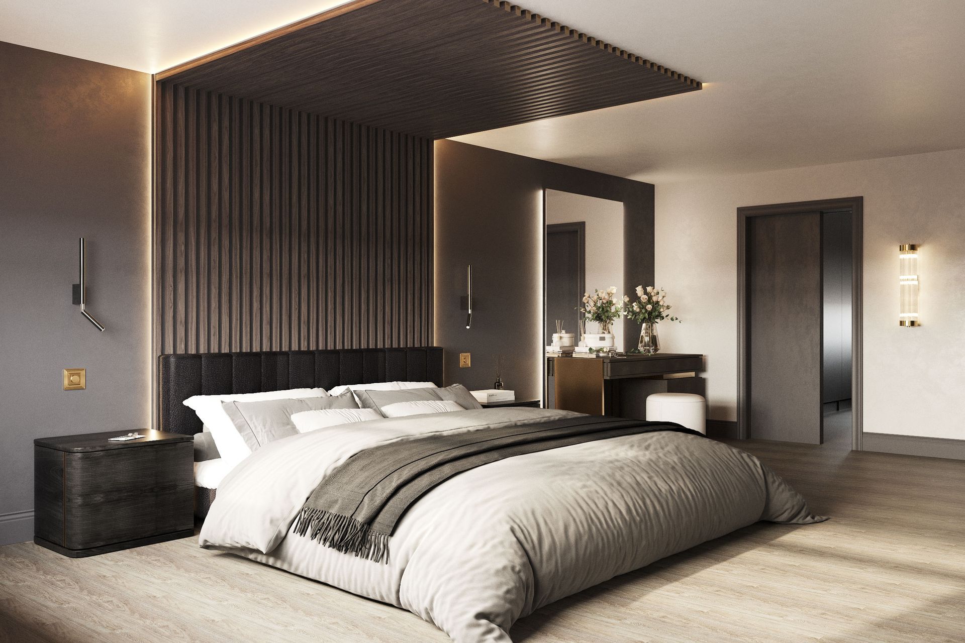 Luxury master bedroom with panelled headboard and ceiling canopy, upholstered bed and dressing table with backlit mirror