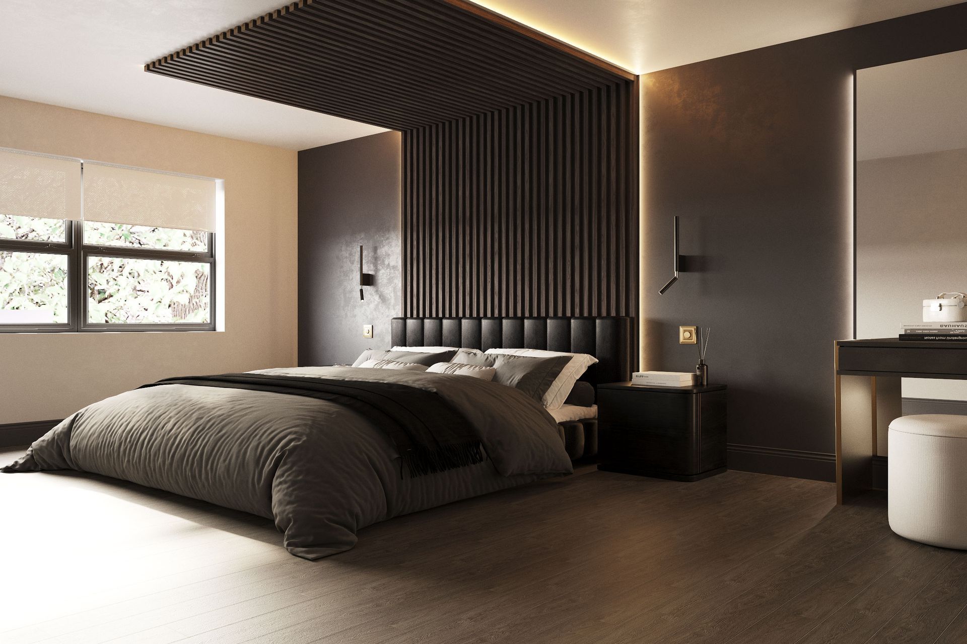 Luxury master bedroom with dark slatted headboard and canopy, low upholstered bed and dressing table in warm neutral tones