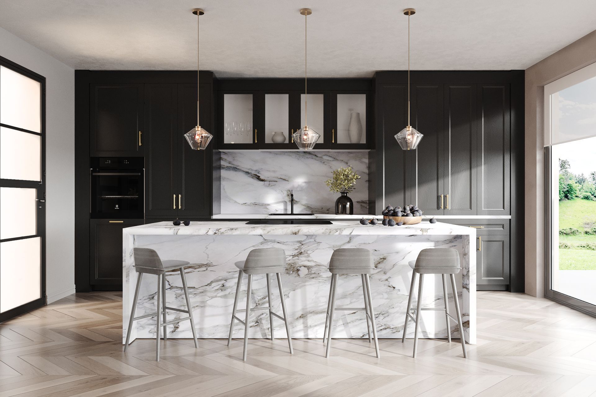Luxury kitchen with dark shaker cabinets, marble waterfall island, brass hardware and pendant lights on chevron floor