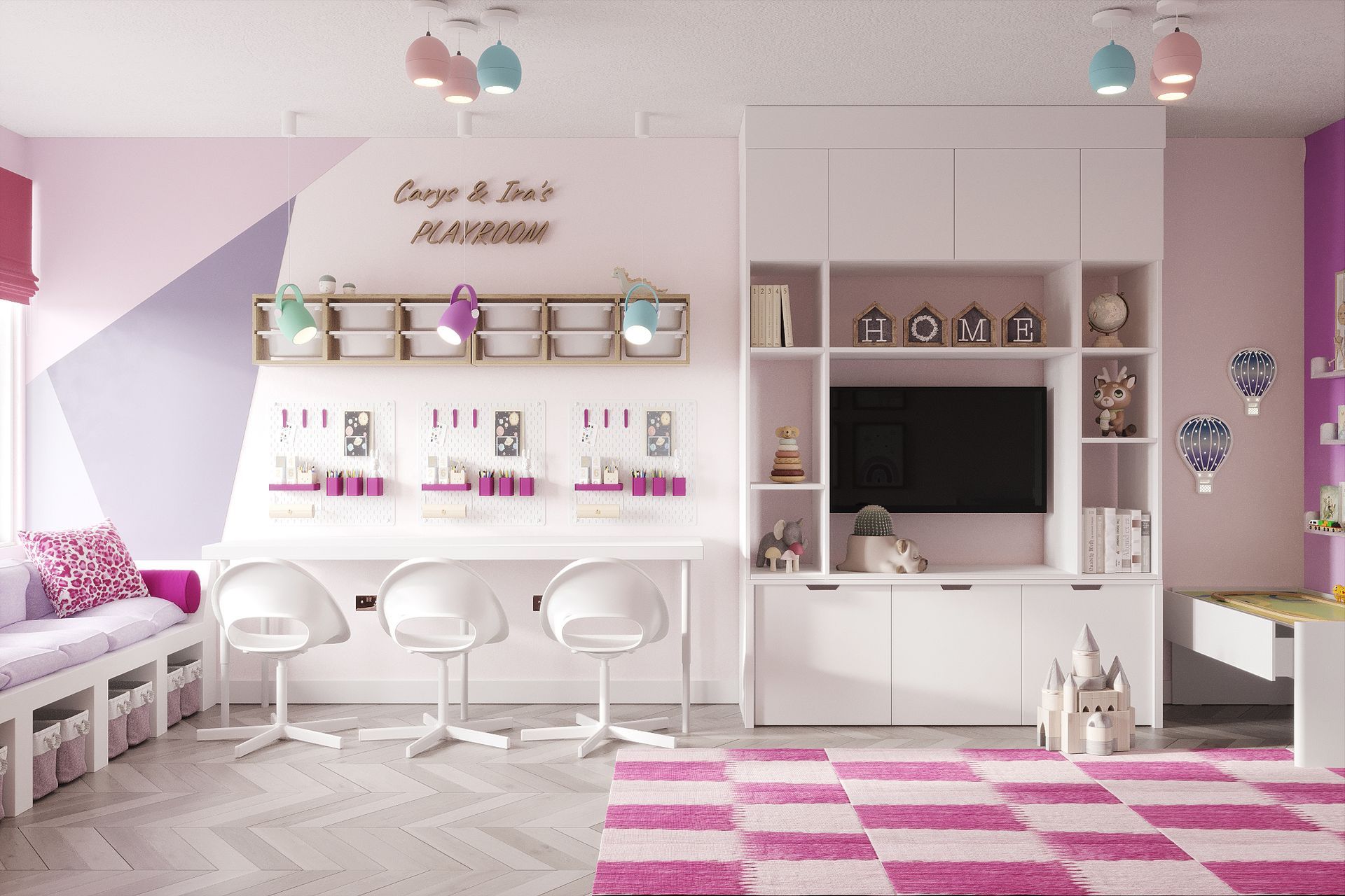 Playroom interior featuring organised shelving, soft furnishings, and curated play zones in luxury Welwyn residence.