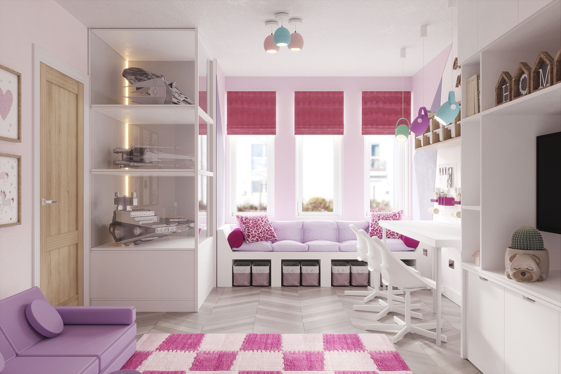 Contemporary playroom with bespoke storage solutions, neutral walls, and layered lighting in new build family home.