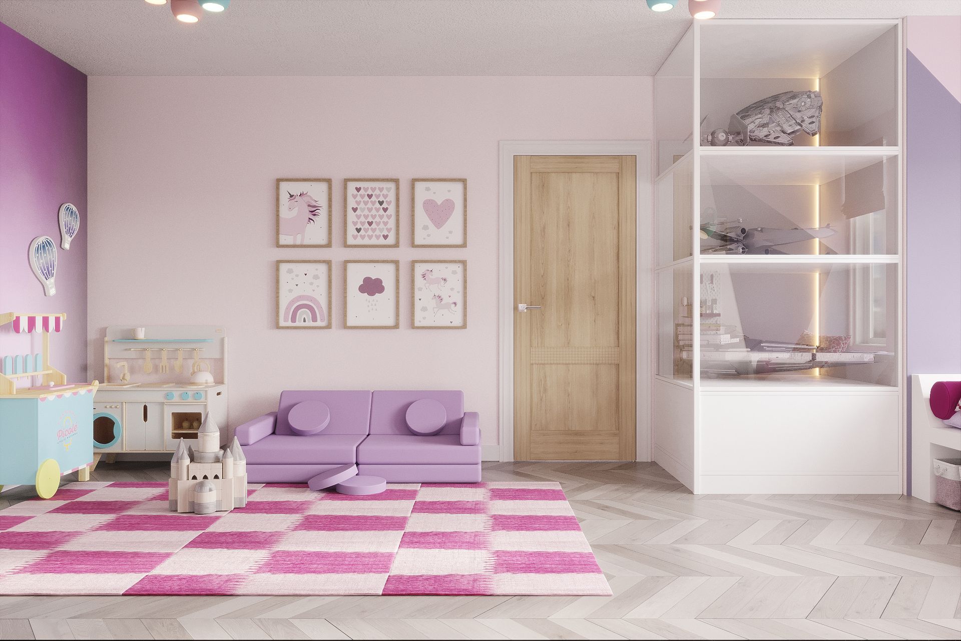 Playroom detail showcasing bespoke joinery, natural materials, and functional storage design.