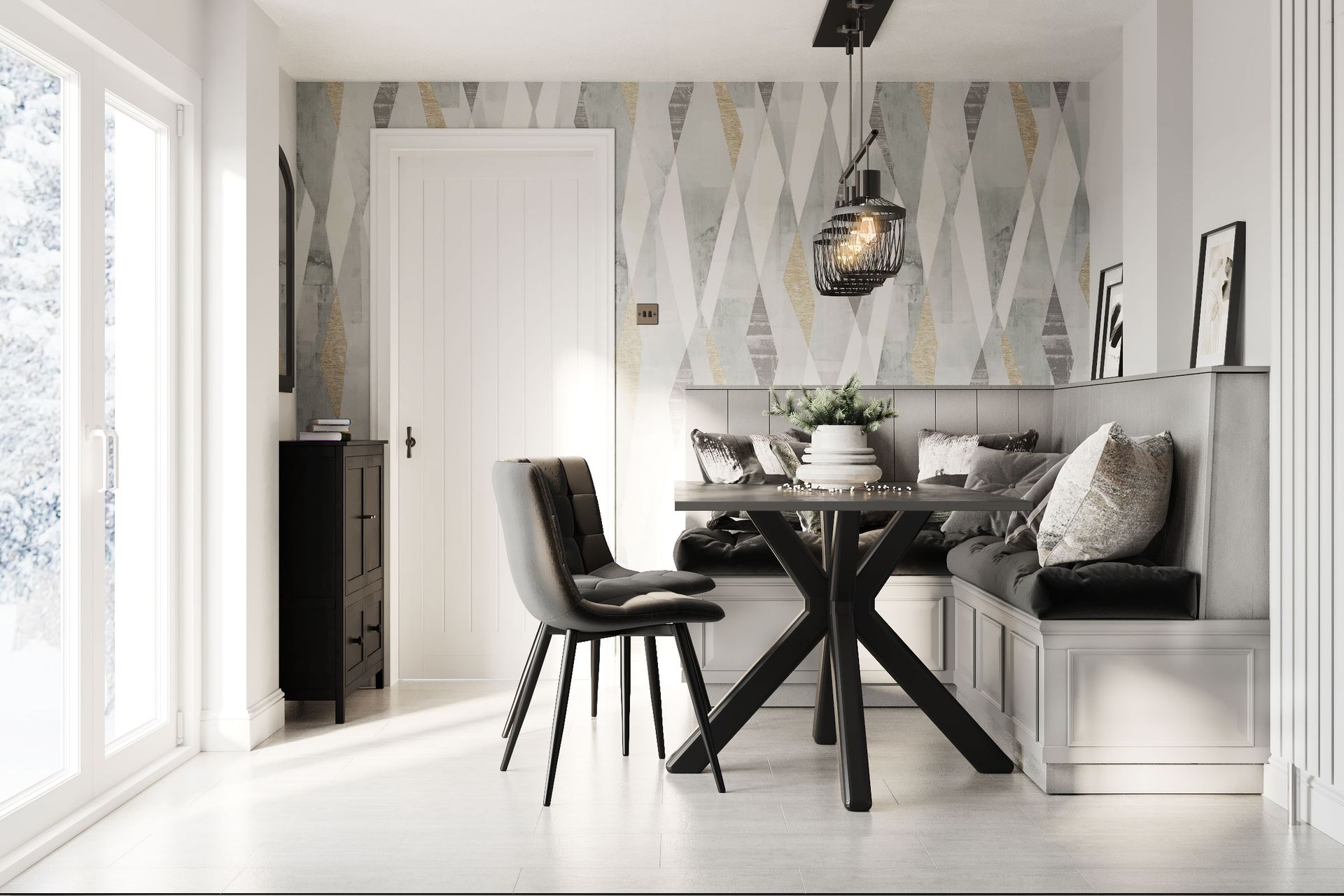 Dining nook with bespoke corner bench, black pedestal table and grey chairs against geometric wallpaper in modern kitchen