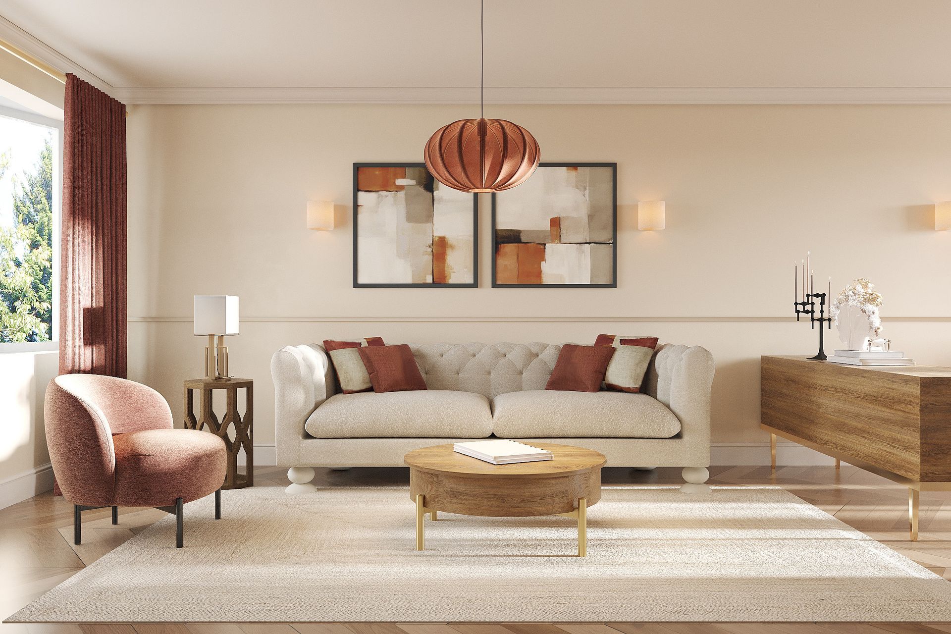 Living and dining room flow with terracotta accents, oak furniture, and abstract artwork in Welwyn Garden City