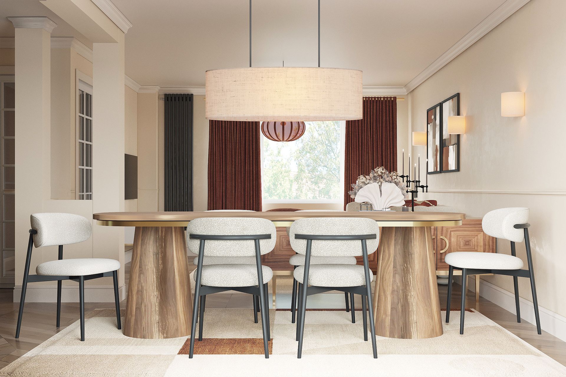 Open-plan dining area with oak pedestal table, cream upholstered chairs, and burgundy curtains in Welwyn Garden City