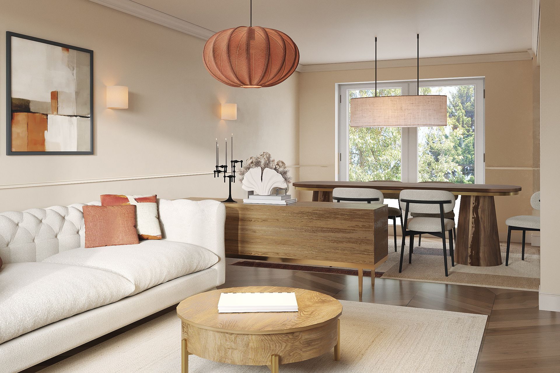 Warm living room with cream button-tufted sofa, rust velvet armchair, and copper pendant light in Welwyn Garden City