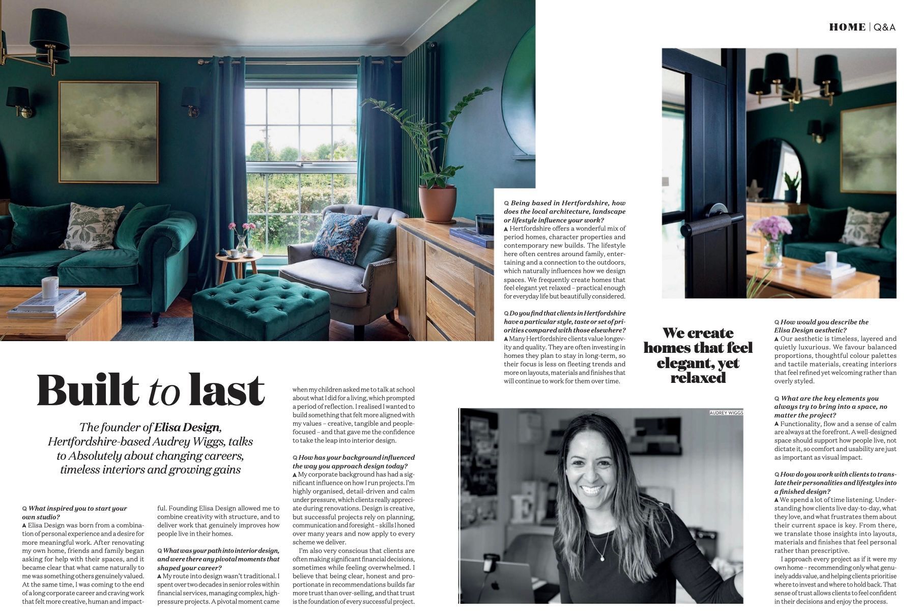 Absolutely Hertfordshire magazine feature on Elisa Design founder Audrey Wiggs alongside a green living room interior design project in Hertfordshire.